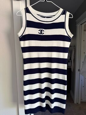 CHANEL Navy & Cream Striped Sleeveless Knit Bow-Back Mini Dress XS/S 0 2